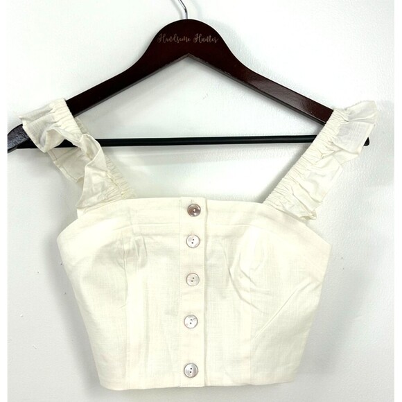 Choosy Amanda XS White Cream Cropped Top Center Buttons Ruffle Lined Smocked U4 - Picture 4 of 13